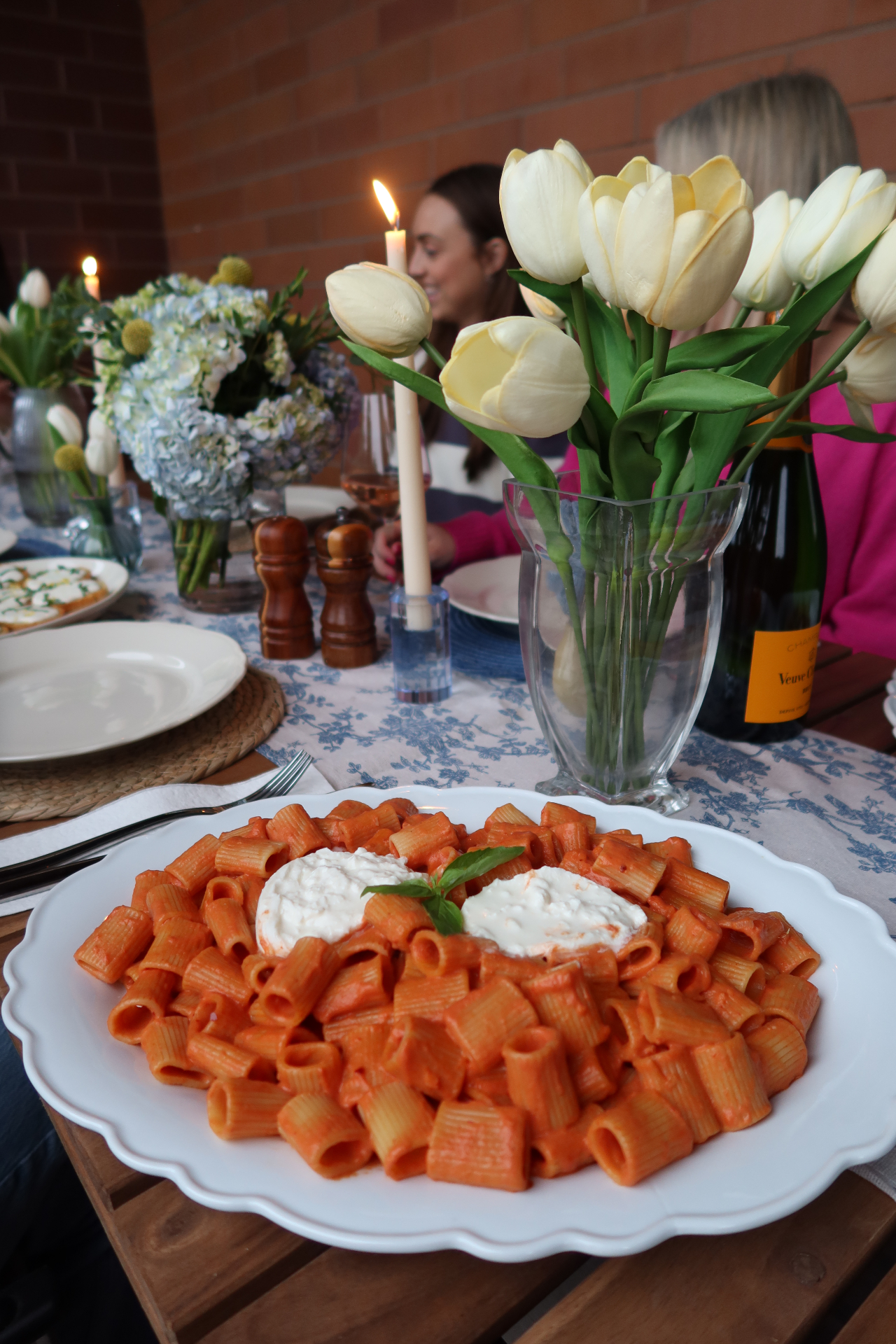 Rigatoni with burrata plated for a Charleston dinner party